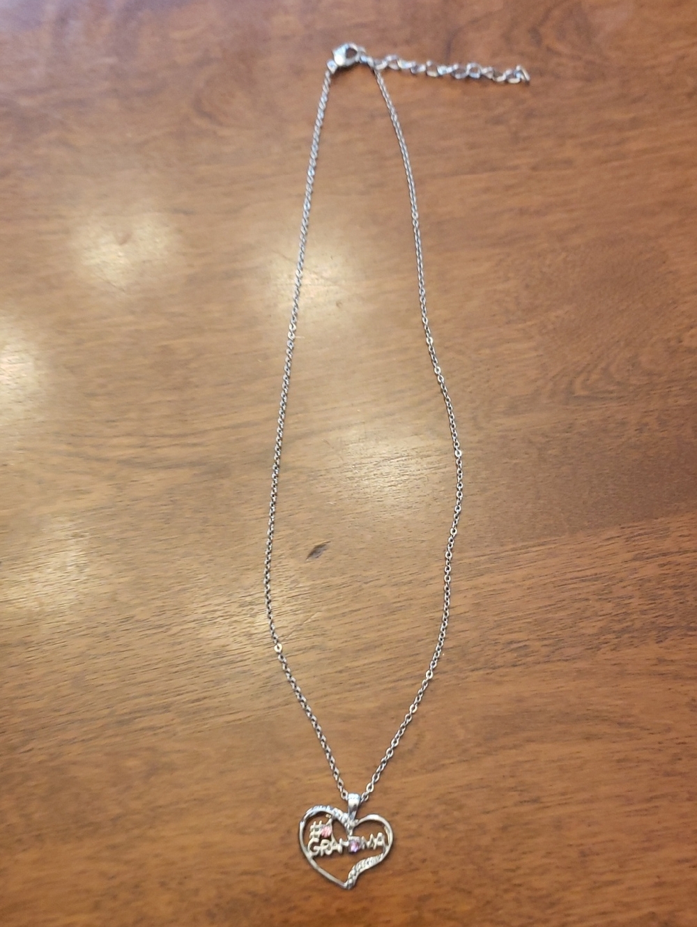 Silver Heart "#1 Grandma" Script Necklace With Pink Rhinstones - 18", Plus 2" - Picture 5 of 8